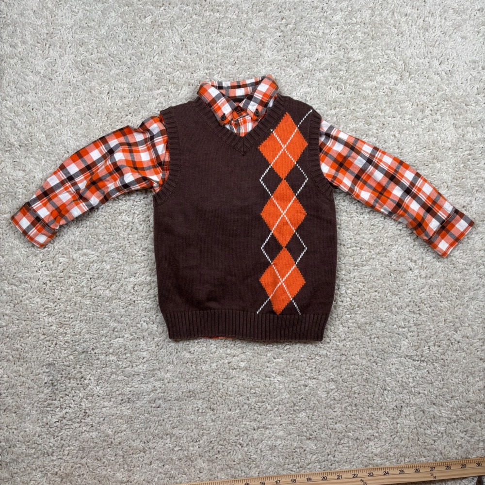 Gymboree Boys‎ Plaid Shirt Sweater Vest Argyle Outfit Set Orange Brown XS 3-4
